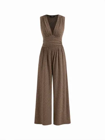 Cotton-blend Striped V-neck Ruched Wide Leg Jumpsuit